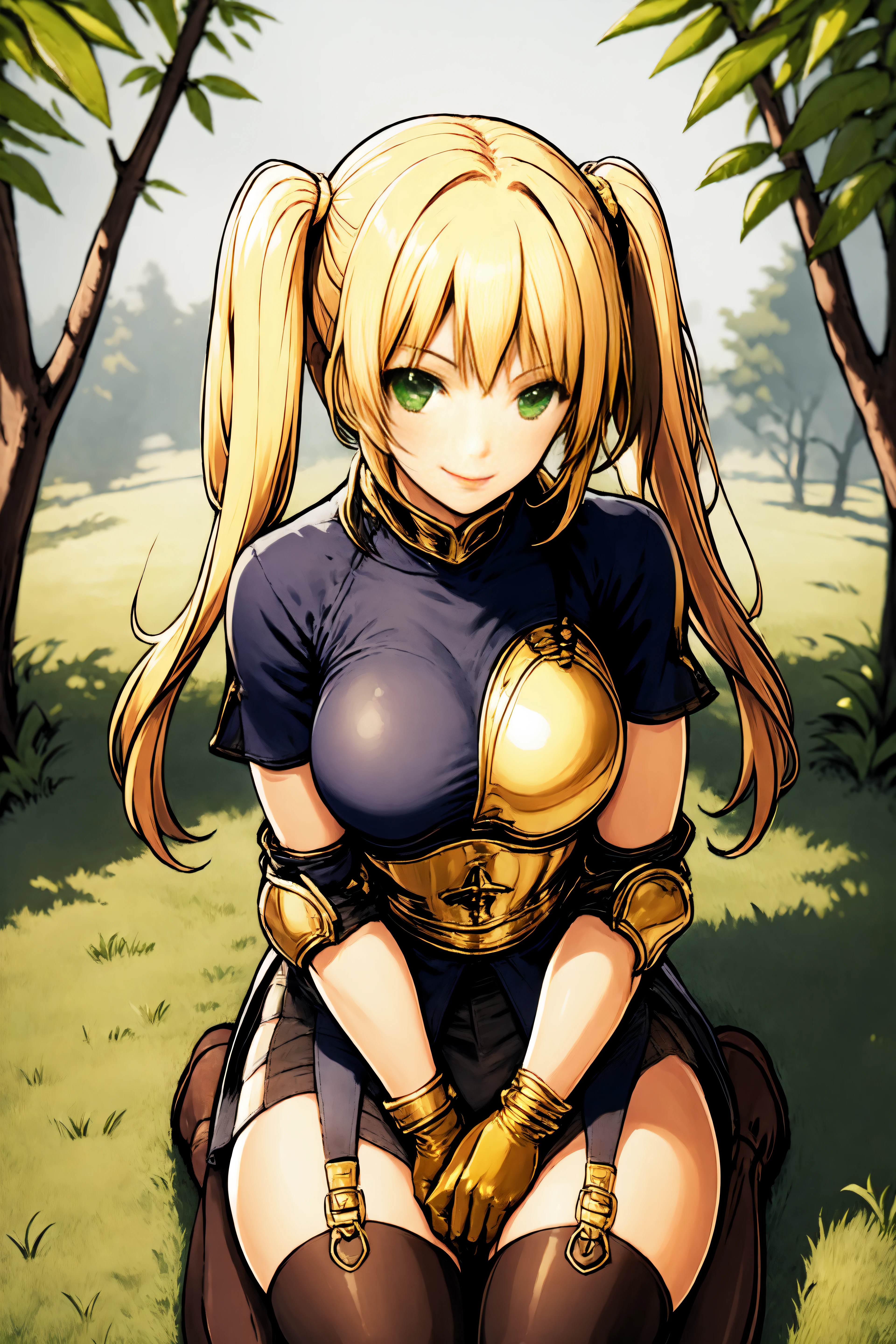 archerRo, armor, boots, gloves, thighhighs, golden ring, golden armor, golden collar,
1girl, blonde hair, green eyes, twintails,
looking at viewer, smile, kneeing, on knee, from above, pov from above,
sitting, sitting on grass, chair, arm support,
outdoor, grass floor, junggle, large jungle, rain jungle, pool, large tree,
<lora:archerRO_V1.4:0.8>