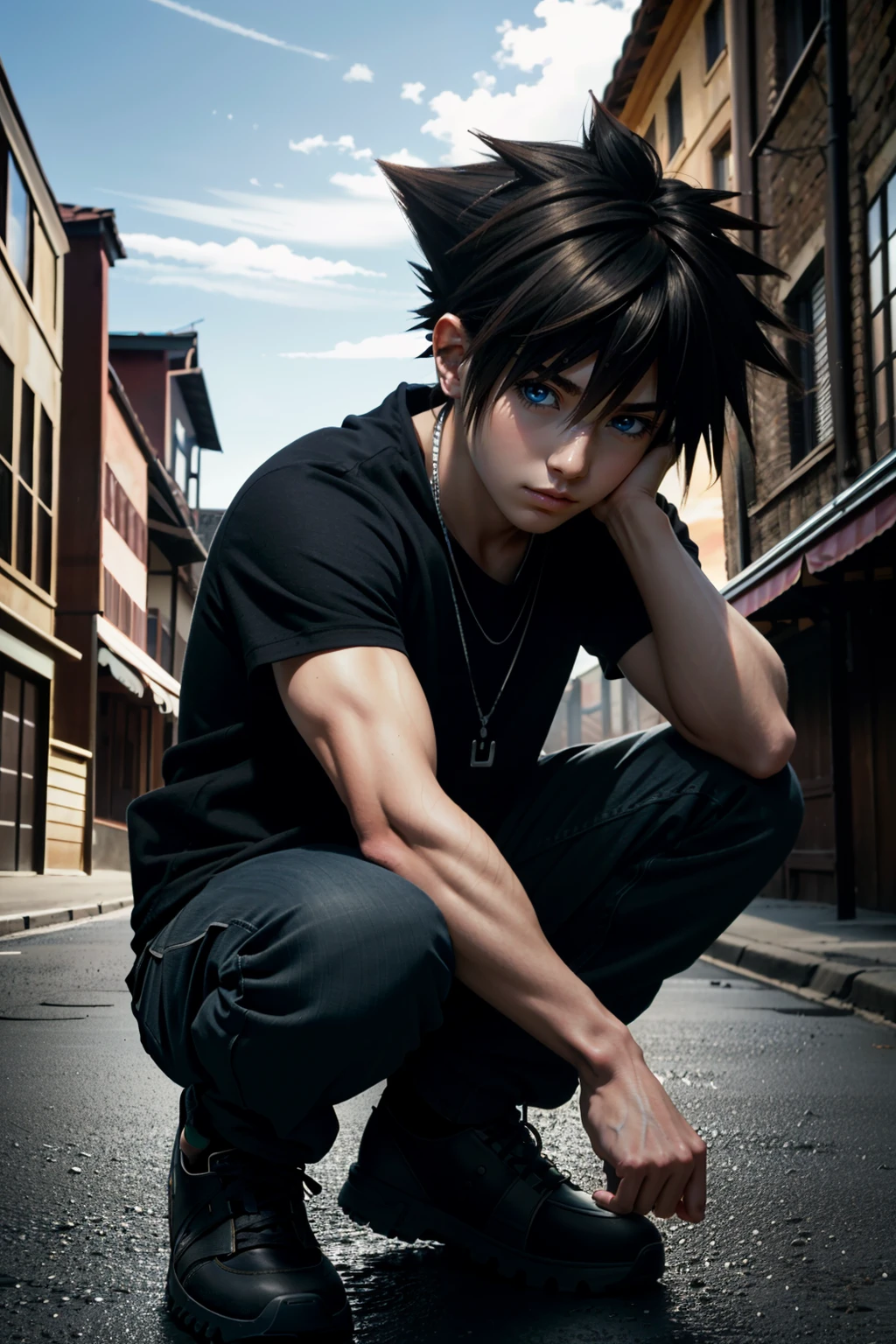 ((ultra detailed, masterpiece, absurdres))
<lora:KHSora:0.9>
KHSora, 1boy, solo, brown hair, blue eyes, spiked hair, Swimsuit model, beach setting, sexy pose lying on sand, sunset lighting, confident allure