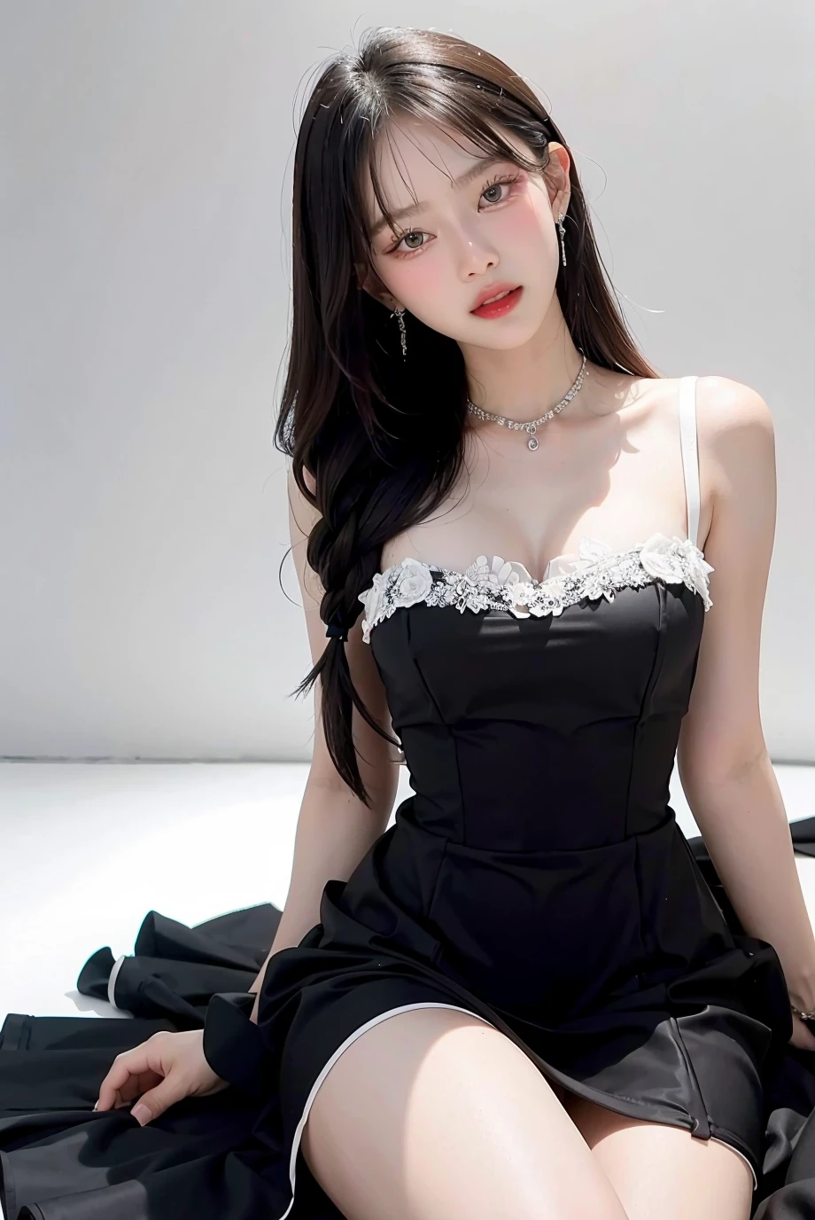 (masterpiece), best quality, 1girl, black  formal dress, white background, <lora:mmabelzz-04:1>