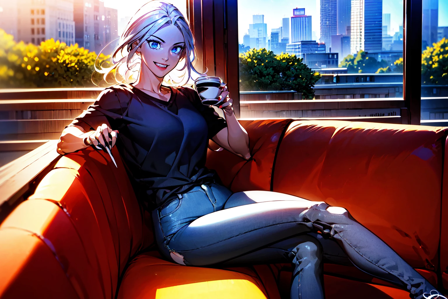 ((full body, a woman sitting in a cafe holding a cup of tea, daytime, sunny, city outside windows in background))<lora:HayanVampireLoRA:1> 1girl, blue slit pupils, long white hair, white skin, fangs, blue glowing eyes, black nails, green shirt,short jeans pants, beautiful eyes, beautiful girl, high detail skin, high detail eyes, high detail hair, highres, ultra detailed, sharpen picture, Highly detailed, masterpiece, best quality, photorealistic,