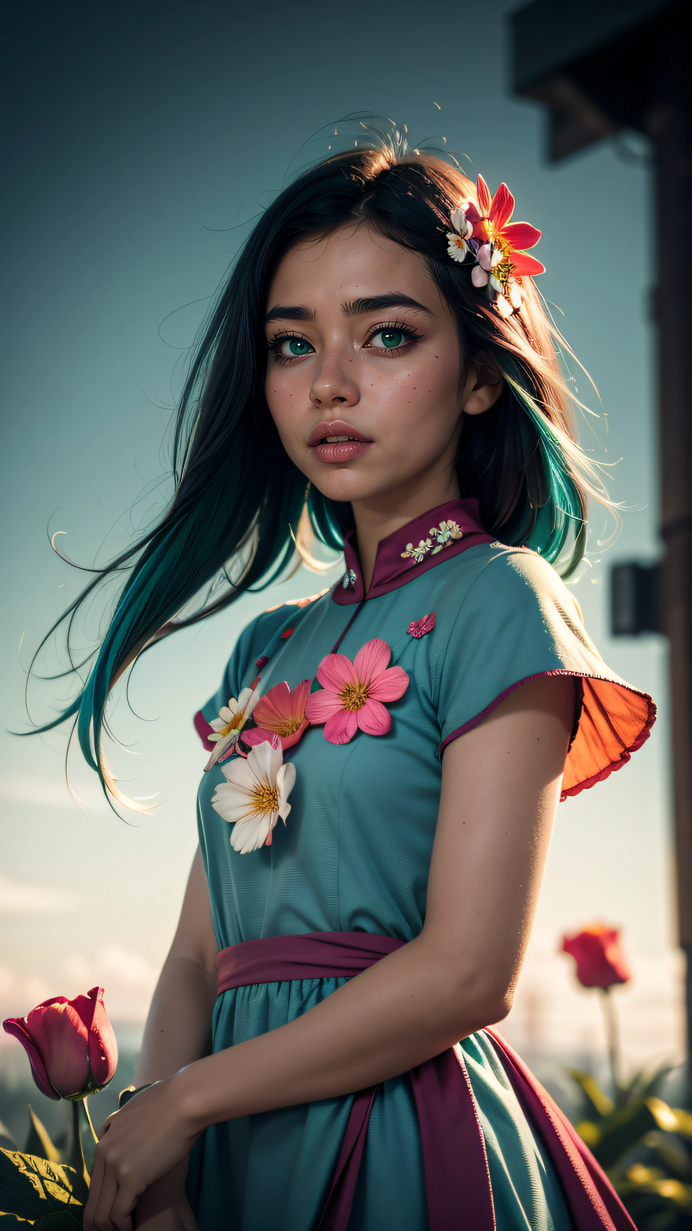 1 young cute girl, flower dress, colorful, dark background, flower armor, green theme, exposure blend, upper body shot, bokeh, (hdr:1.4), high contrast, (cinematic, teal and orange:0.85), (muted colors, dim colors, soothing tones:1.3), low saturation