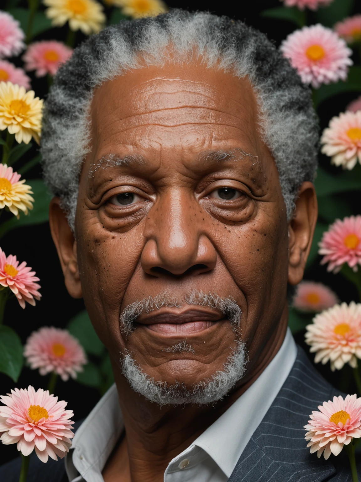 a close-up of a gorgeous beautiful bombastic Morgan Freeman in an image filled with deep darks in the style of an analog film grain, hdr, extremely detailed, 8k, 35mm photograph, background with flowers, amazing natural lighting, brilliant composition