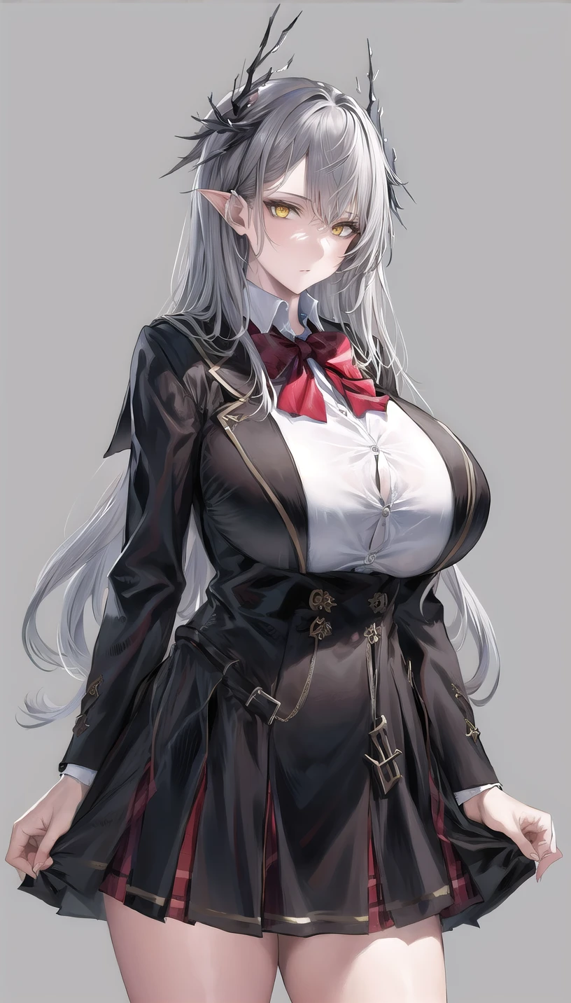 grey-hairstyle,horns,yellow eyes, 
 (school uniform:1.28),
lady,mature female,
cowboy shot,
(white background, simple background:1.08),
highres,official art,original,masterpiece,best quality,
(huge breasts),
 <lora:logos mother5 cz:0.61>