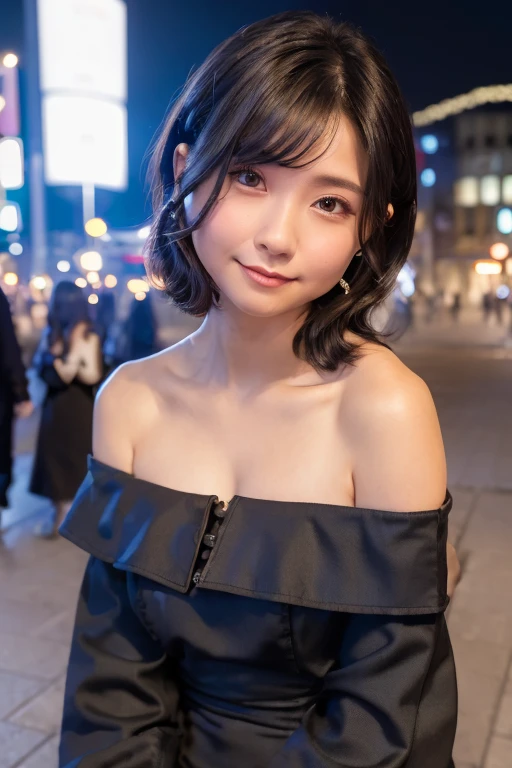 Highest quality, masterpiece, Ultra-high resolution,8k, (Realistic:1.6), (Close-up portrait:1.4) RAW Photos,((Omotesando駅))、 ((Off-the-shoulder pleated mini skirt)),((Full body photo)),1 person,Omotesando,A slender adult 26-year-old woman,(Full of smiles, )) ,((Loose curls and a beret)),((Looking up at the audience)),Face Focus:1.4,((Shooting from above with a fisheye lens:1.4)),