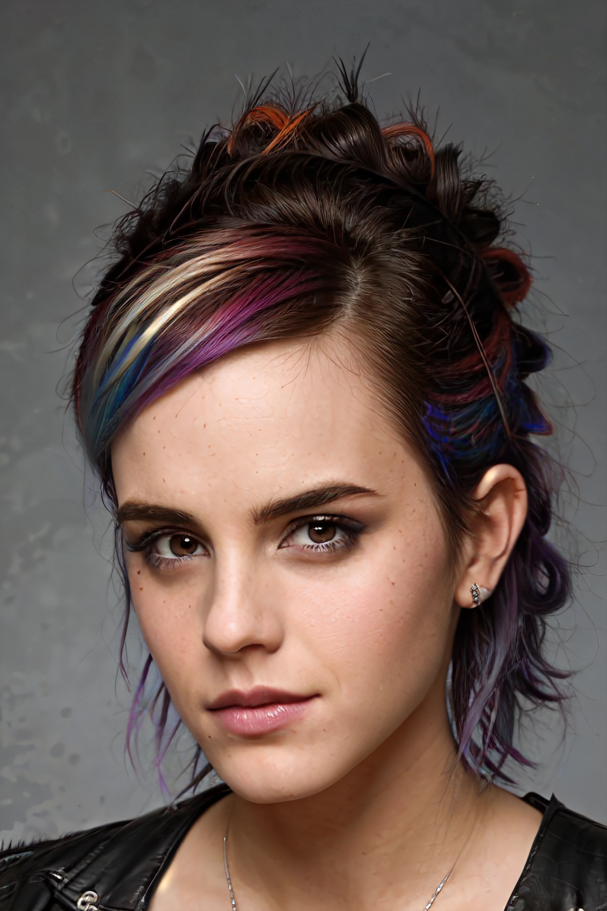 3mm4w, face closeup, punk, rock and roll, mohawk hair, multi-colored hair, spikes