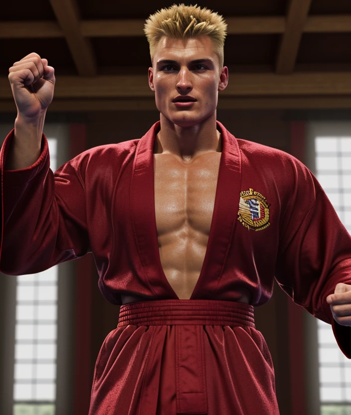 <1v3nd>Ultra-HD-realistic-details, upper body, Boxer's robe red, Russian, Box ring, Rocky IV