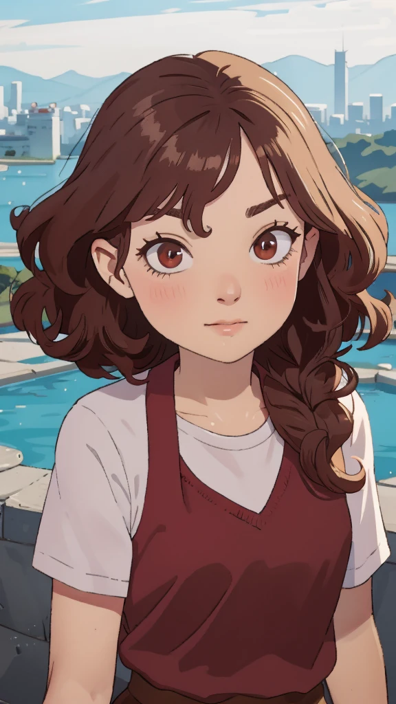 (close-up:1.1) portrait photography of female, shy, athletic body type, (looking at viewer:1.3) BREAK wearing brown leggings BREAK (burgundy curly hair:1.2) BREAK river delta in background, evening, foggy weather