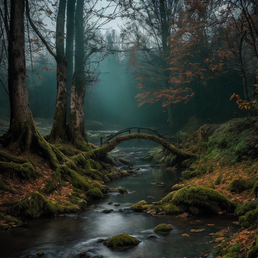 (masterpiece:1.2), (best quality,:1.2), 8k, HDR, ultra detailed, ((photorealistic)), professional light, cinematic lighting, fashion photography, ambient lighting, a dark and sinister forest with bridge over a small river, <lora:detail_slider_v4:1>, FanLan, <lora:FantasyLandscape-10:0.7>, epiCPhoto,