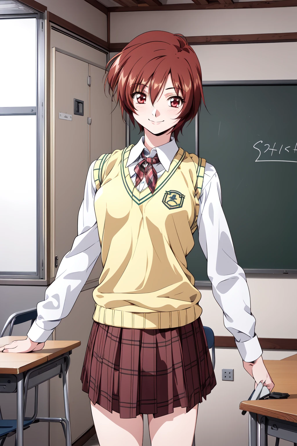 (RAW photo, best quality), 1girl, natural lighting, solo, smile,
<lora:innai_kansen_kuramoto_chihaya_v2_2:1>, kuramoto chihaya,
classroom, school uniform, sweater vest, plaid skirt,