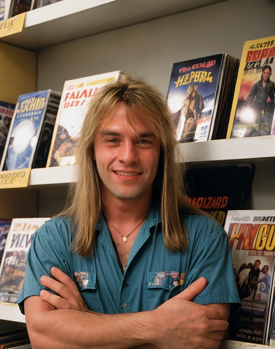 analog film photo  <lora:quiron_AndiDeris_v1_lora:0.97> AndiDerisQuiron man, long hair, a happy man wearing  hawaiian shirt,  depth of field, 80s style video rental store, Shelves lined with VHS tapes and movie posters . faded film, desaturated, 35mm photo, grainy, vignette, vintage, Kodachrome, Lomography, stained, highly detailed, found footage