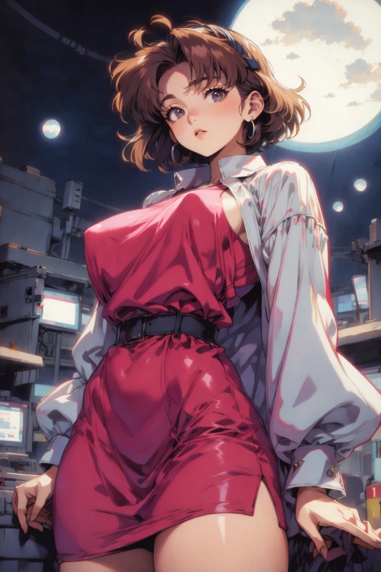 <lora:AstrAnime_RETRO:1.5> flat colors, 1990s \(style\) anime, flat texture, woman, dress, short hair, rain, nighttime, <lora:Mogudan:1>
