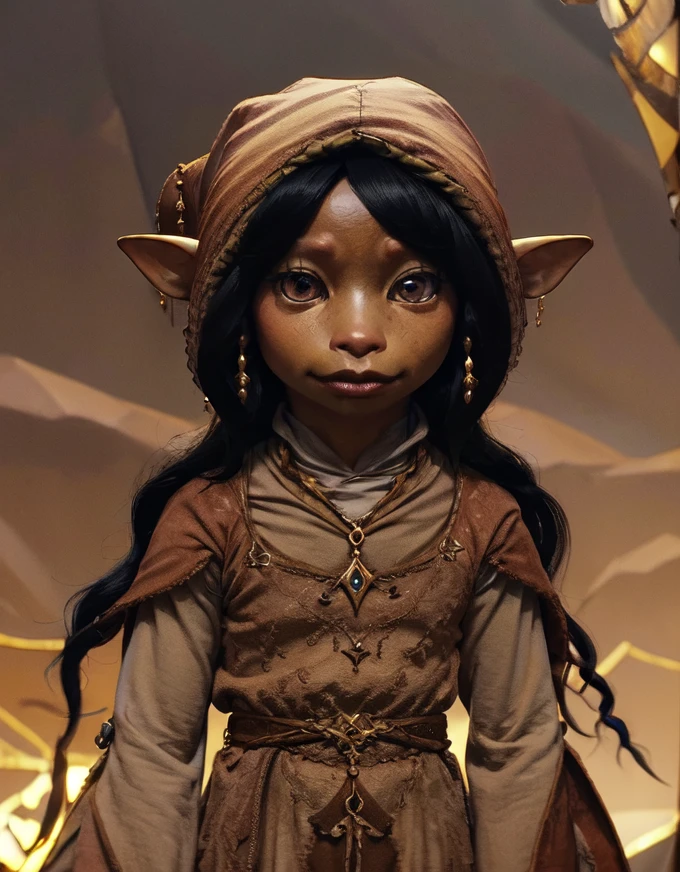 spriton, gelfling, older male, wearing beige brown robes, jewelry, hat, dark long hair, half body, mountain range, big eyes, puppet <lora:GelflingsV2-000011:1>