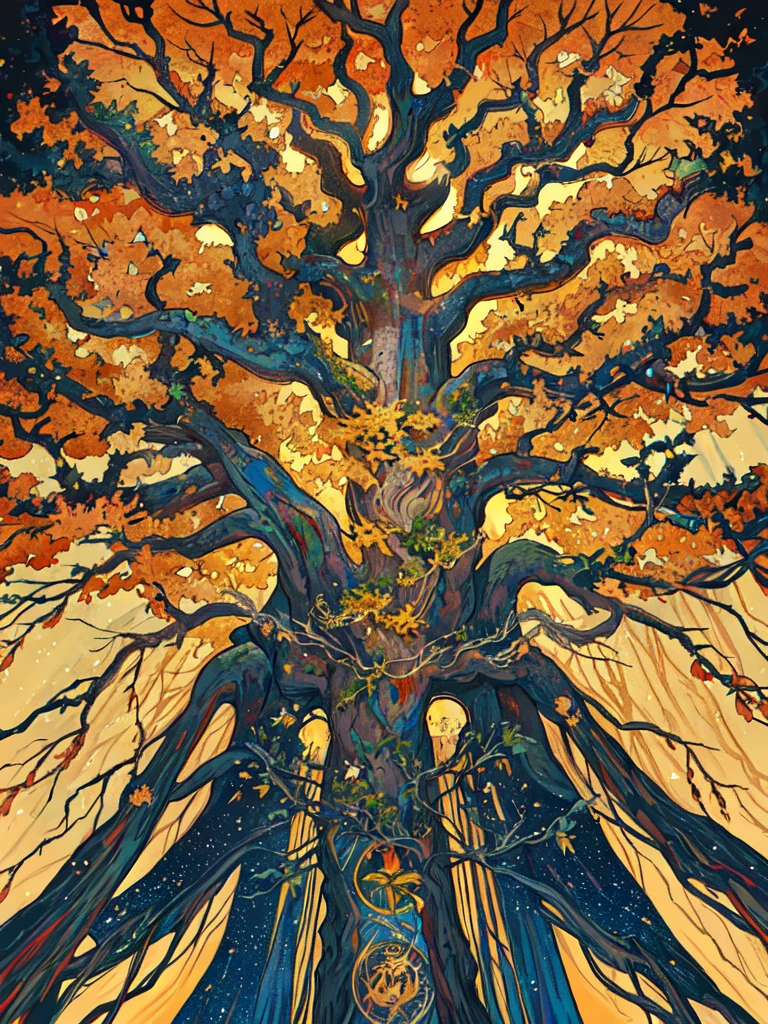 Create a majestic and ultra-high-resolution depiction of Yggdrasil, the sacred World Tree from Norse mythology. Envision Yggdrasil standing tall as the cosmic axis, its colossal trunk reaching between the realms of Earth, Asgard, and Niflheim. Capture the awe-inspiring details of the immense branches, stretching into the vastness of nine worlds, each with its unique essence. Emphasize the solemnity of Yggdrasil's roots, connecting to Vé's, Mímir's, and Urðr's realms. Utilize a masterful play of shadows and light to highlight the intricate textures of the bark and leaves, creating a sense of depth and grandeur. Incorporate subtle celestial elements, such as stars or cosmic energies, to enhance the divine atmosphere surrounding Yggdrasil. Infuse the artwork with a rich, deep color palette, evoking the reverence and ancient wisdom associated with this sacred tree. Aim for a visually stunning composition that exudes the solemn and transcendent nature of Yggdrasil in all its divine glory