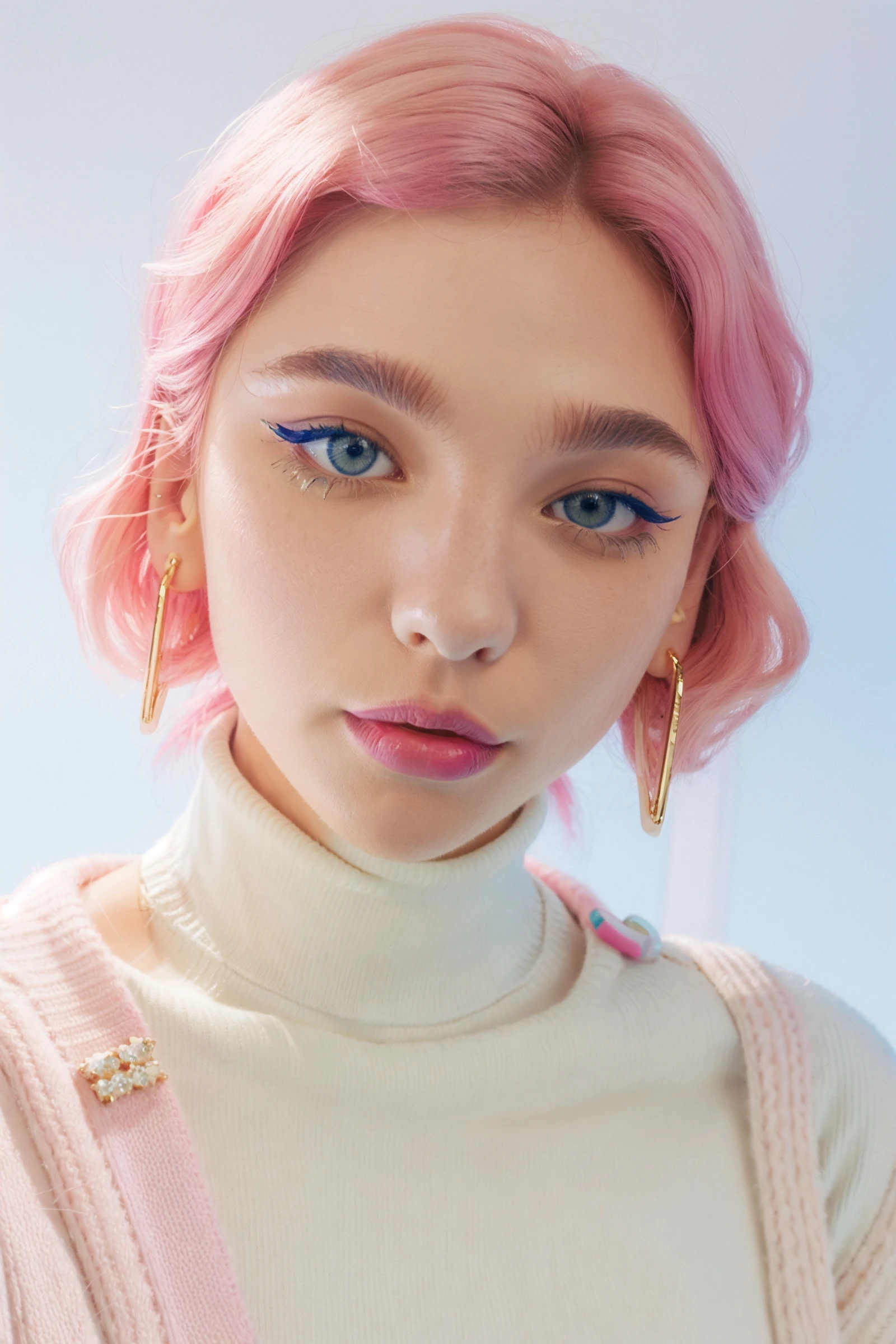 1girl, solo, looking at viewer, simple background, white background, jewelry, closed mouth, pink hair, earrings, sweater, makeup, turtleneck, piercing, ear piercing, portrait, realistic, blue sweater, eyeshadow <lora:mtlddeav2:1> mtlddea