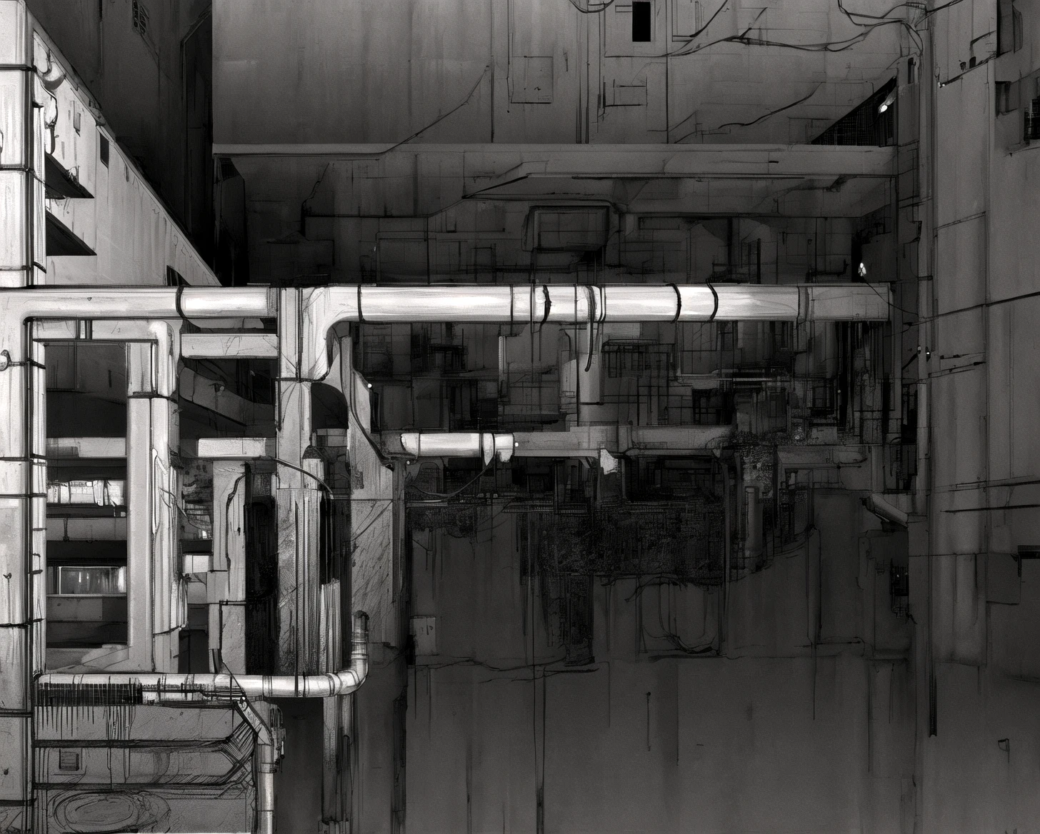 masterpiece, best quality, no humans, greyscale, building, industrial pipes, rendering, <lora:Blame8ep5r159i-000008:0.7>