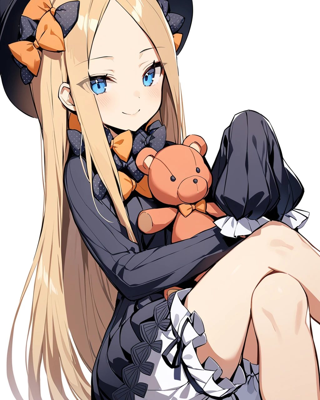 masterpiece, best qualityï¼
<lora:AB:1>,1girl, abigail williams (fate), blonde hair, long hair, solo, blue eyes, dress, bow, orange bow, stuffed toy, hair bow, looking at viewer, hat, black bow, black dress, stuffed animal, black headwear, bangs, teddy bear, parted bangs, polka dot bow, long sleeves, polka dot, forehead, sleeves past wrists, multiple hair bows, sleeves past fingers, bloomers, sitting, white bloomers, closed mouth, very long hair, underwear, ribbed dress, object hug, small breasts, holding stuffed toy, white background, crossed legs, smile, simple background