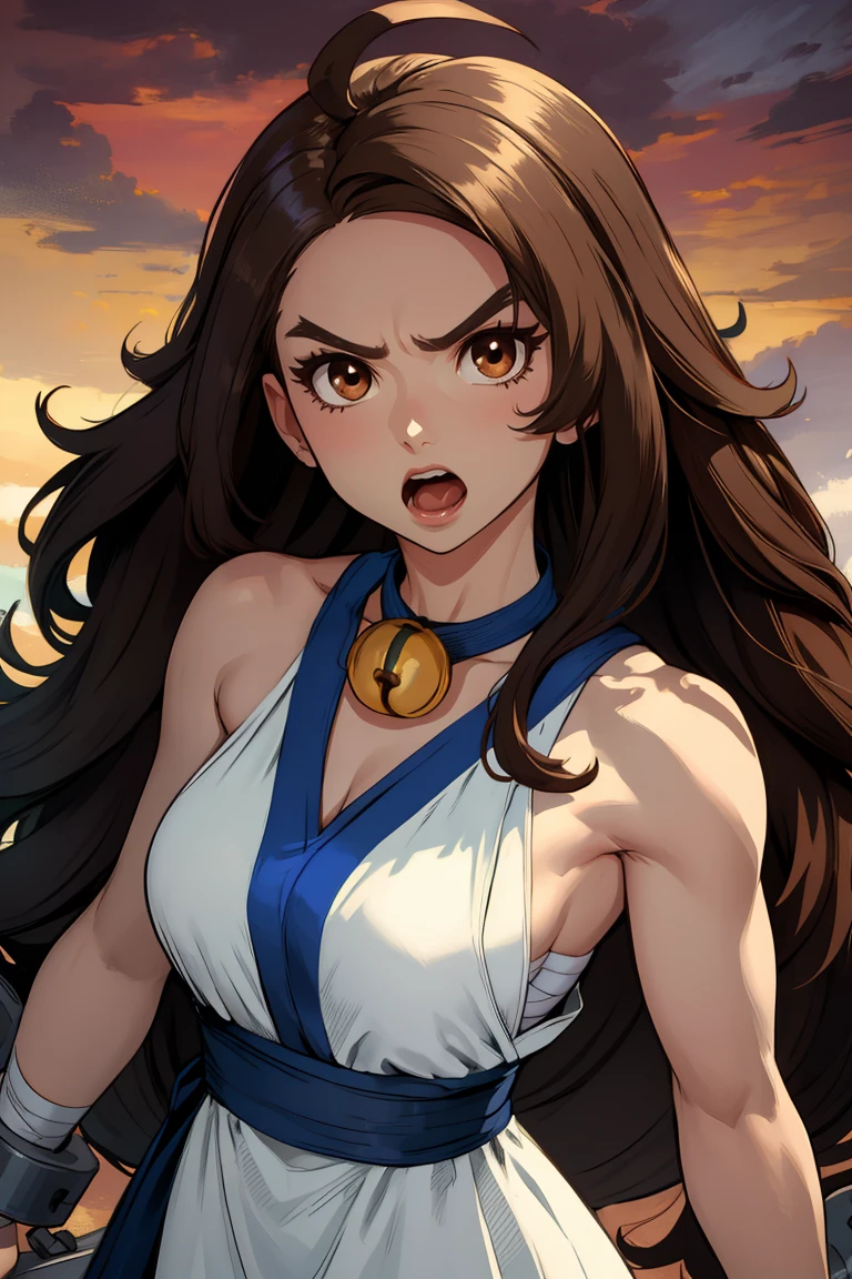 Chang,brown eyes,brown hair,long hair,ahoge,
white sleeveless dress,bandages,bare shoulders,cuffs,neck bell,v-neck, blue sash,
serious,open mouth,facing viewer,
shackles,
standing,
(insanely detailed, beautiful detailed face, masterpiece, best quality),solo,<lora:ChangKoehan-10KOFAS:0.8>,