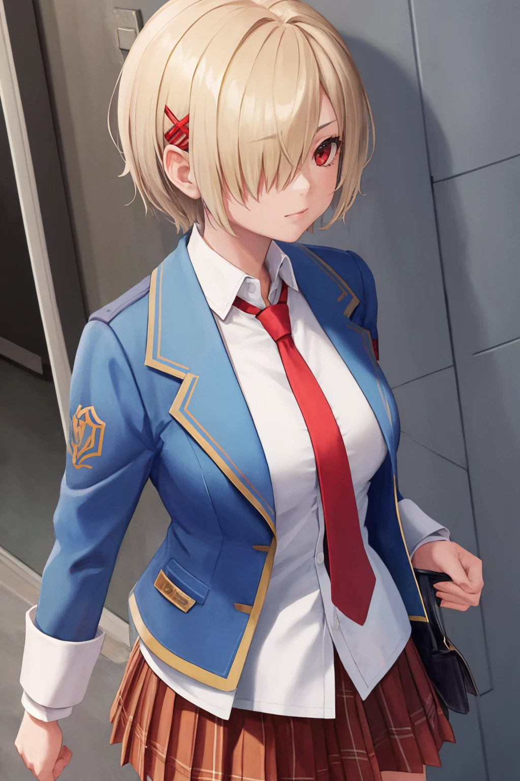masterpiece, best quality, 1girl, solo, <lora:rukakayamori-hbr-richy-v1:1> ruka, hair clip, hair over one eye, blazer, white shirt, red necktie, plaid skirt