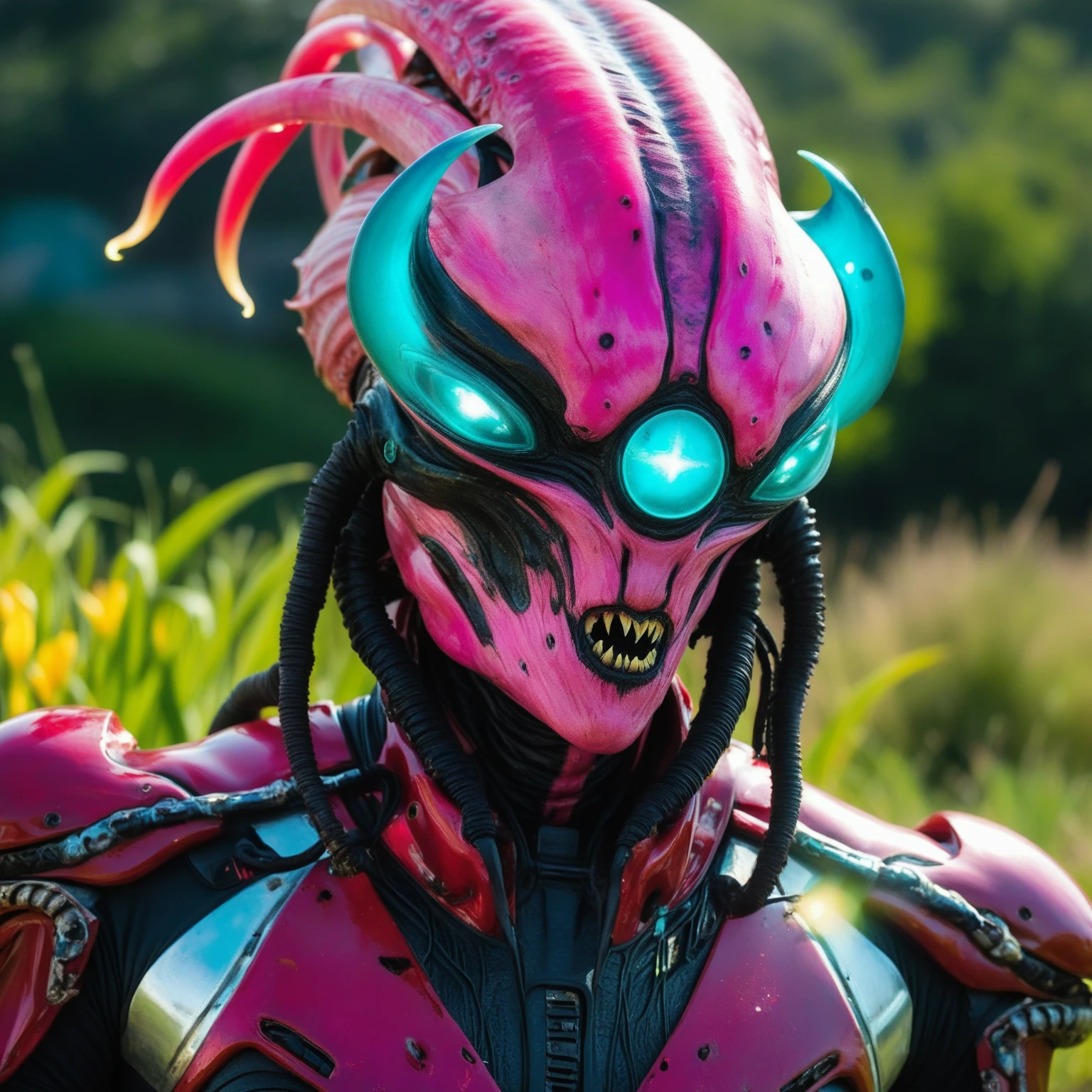 (((Extreme close-up Majin Buu fusion Xenomorph Alien the eighth passenger universe Dragon Ball Z frontal images Color Splash)))