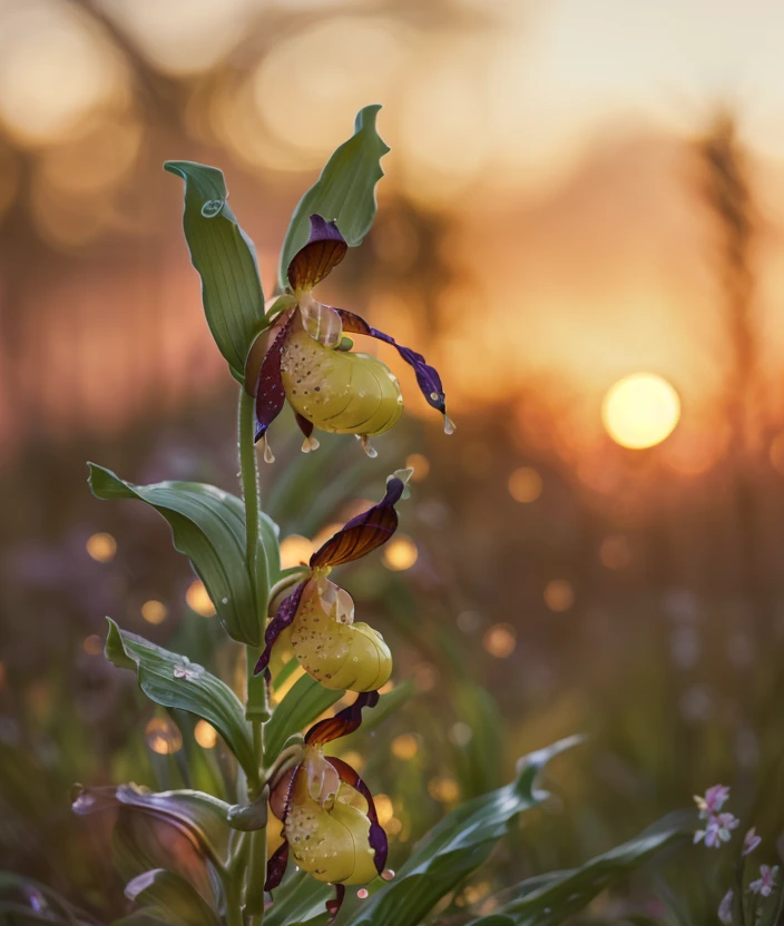 cyp3ca spectacular light, upper body, Ultra-HD-details, Low blur, warm light, dew drops, flower, blurry, no humans, depth of field, close portrait photo, Sunset, Flowering, trioplan 100mm ultra realistic 8k cg, masterpiece, professional artwork, cinematic lighting,Contained Color, Grass, forest