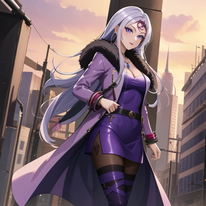 <lora:S-Force_Pla-Tina_v1:0.8>S-Force_Pla-Tina, 1girl, microdress, pantyhose, leg tattoo, purple legwear, jacket, open jacket,belt,forehead mark, (hyper extreme detailed),(masterpeace),(hyper extreme),(photorealistic),CG,(colour:1.2), beautiful lighting,light from the front,official art,beautiful art ,beautiful eyes,flat lines,dark light,perfect eyes,best quality,4k,8k,