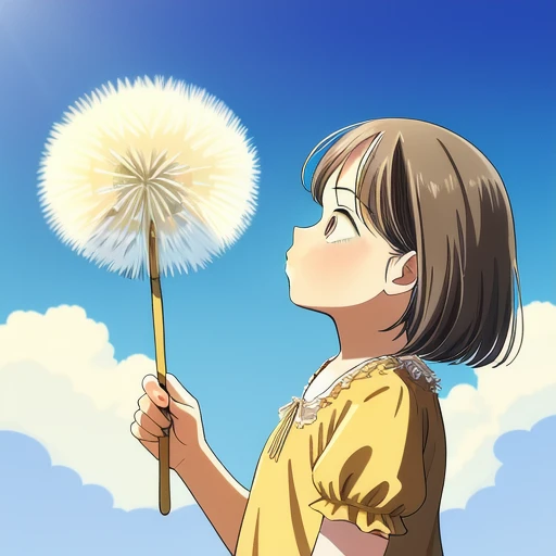 <lora:dandelion:0.5>, dandelion seed, 1girl ,blow, from side, old woman, holding, sky, cloud