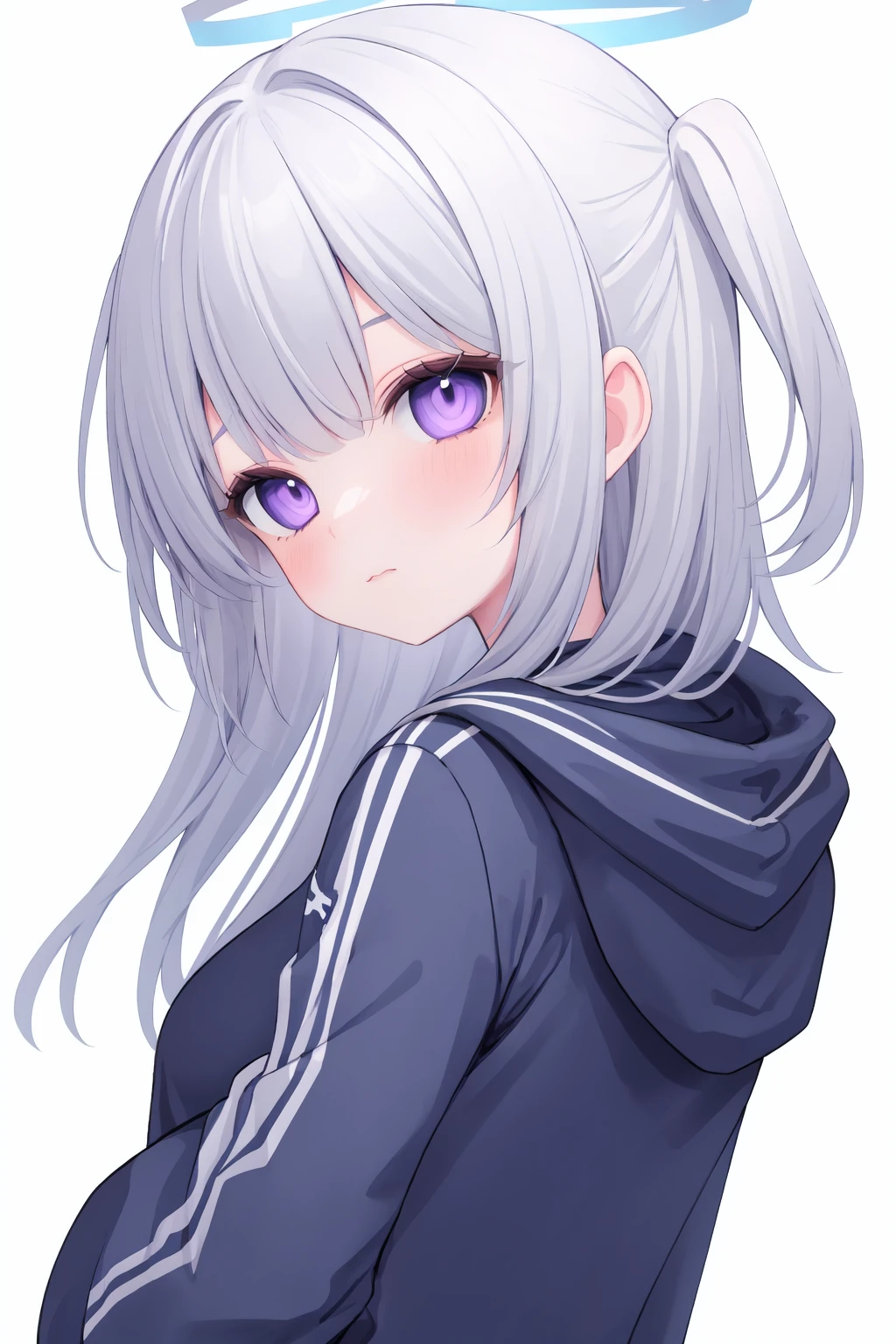 1girl, halo, solo, white background, purple eyes, long hair, simple background, braid, looking at viewer, one side up, jacket, blue jacket, grey hair, looking back, blush, hoodie, bangs, from behind, hood down, white hair