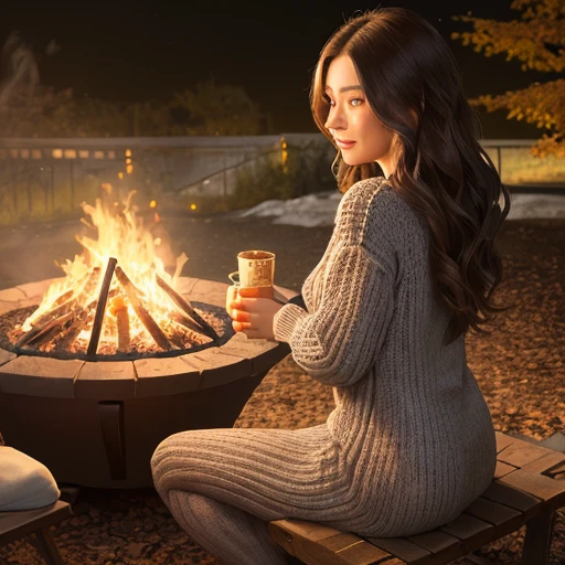 A cozy autumn evening bonfire gathering. Friends and family gather around a crackling fire pit to share stories and roast marshmallows for s'mores. In this scene, the woman wears a warm, knitted sweater dress layered over leggings with tall boots, her hair styled in loose waves that cascade down her back. She is comfortable yet stylish as she enjoys the company of those around her and embraces the crisp autumn air.<lora:a88:1>, masterpiece,best quality,CG 8k wallpaper,illustration,absurdres, city lights,