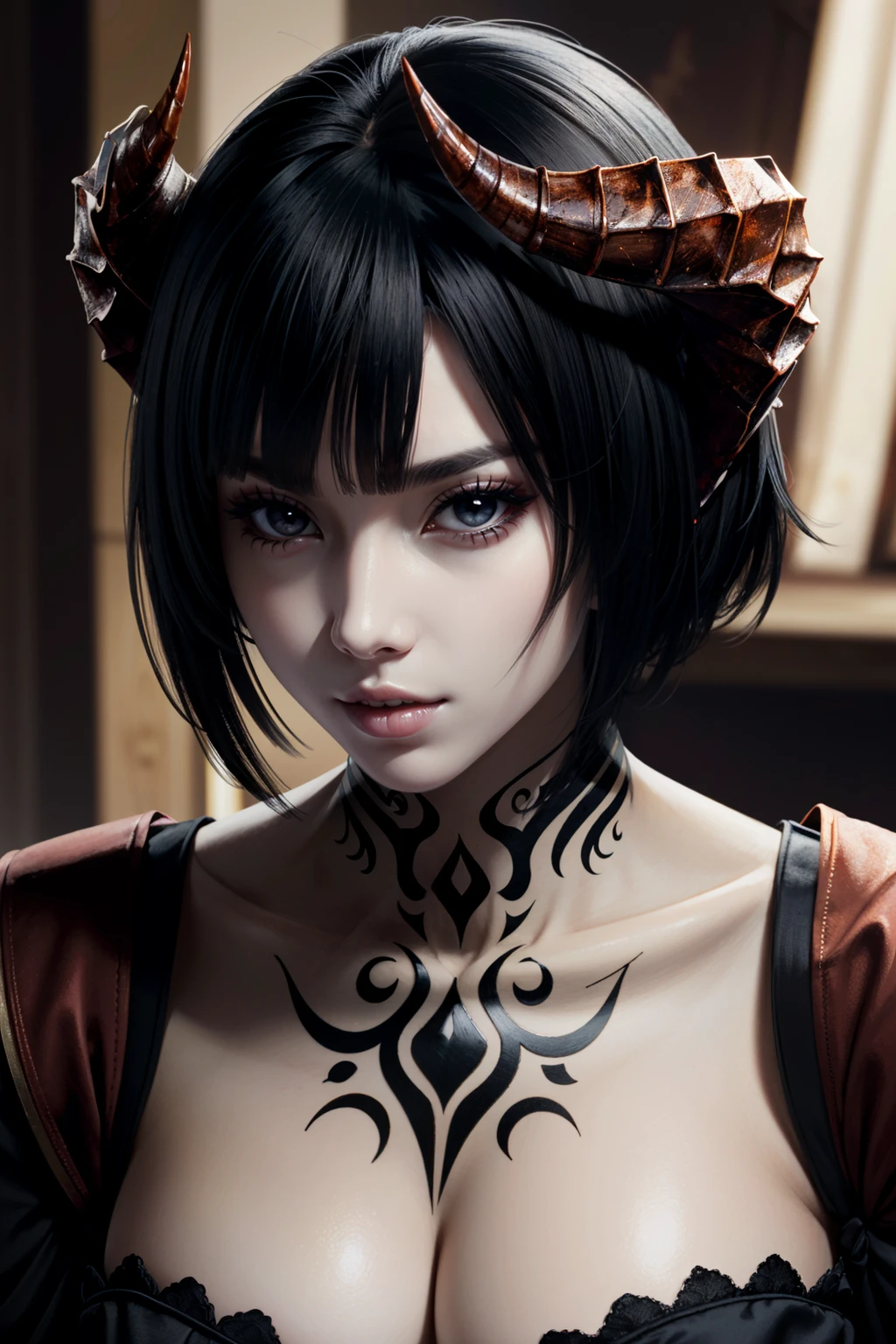 ((ultra detailed, masterpiece, absurdres))
 <lora:TKNEliza:0.9>
TKNEliza, 1girl, solo, black hair, short hair, demon horns, portrait