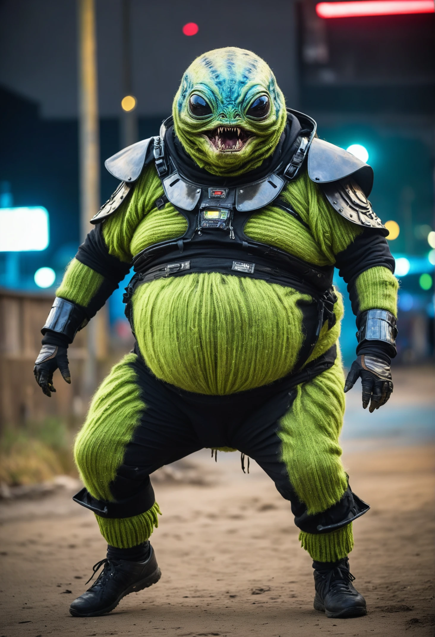 low saturation, action shot of an amphybian chubby alien ,
Webbed feet, Hovering limbs,Communicating,
metallic alien skin,
square pupils,
dirty alien outfit made of Wool
screaming facial expression, lips pucked
expressive alien creature, science fiction, cyberpunk, futuristic, fantasy,
((bright scene)), alien landscape, soft focus, cinematic lighting, imax, dslr, photography, bokeh