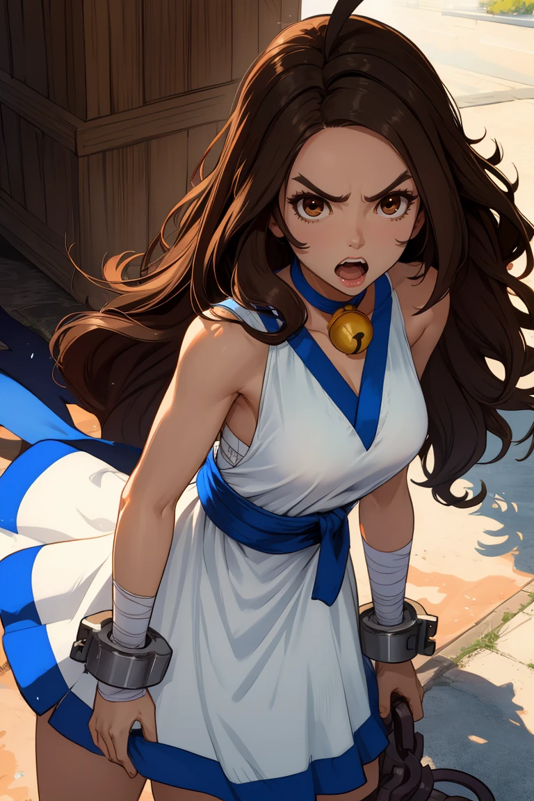 Chang,brown eyes,brown hair,long hair,ahoge,
white sleeveless dress,bandages,bare shoulders,cuffs,neck bell,v-neck, blue sash,
serious,open mouth,facing viewer,
shackles,
standing,
(insanely detailed, beautiful detailed face, masterpiece, best quality),solo,<lora:ChangKoehan-10KOFAS:0.8>,
