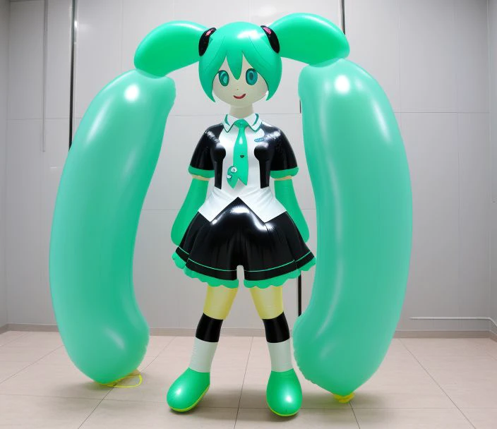 standing, anime, latex, photograph, mannequin pooltoy hatsune miku , inflatable as a balloon, <lora:Bloonzv3-000025:0.6> <lora:hatsunemiku1:0.9>