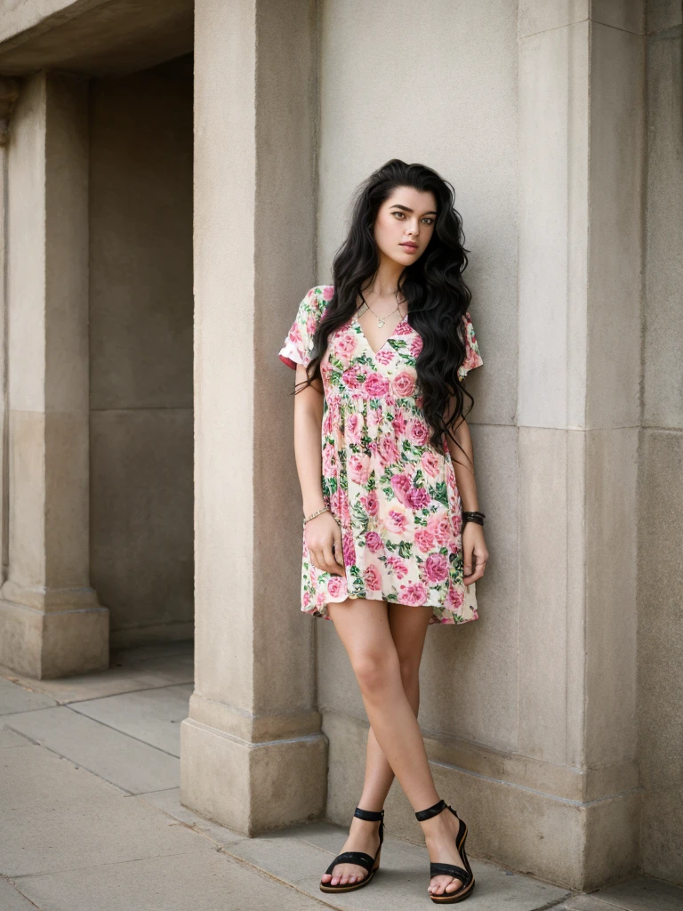 Realistic photo of a beautiful k4t13m woman, 1girl,solo,long hair,looking at viewer,black hair,dress,jewelry,standing,full body,short sleeves,earrings,white dress,bracelet,lips,hand on hip,floral print,sandals,realistic,print dress, soft lighting, professional Photography, Photorealistic, detailed, RAW, analog, sharp focus, 8k, HD, high quality, masterpiece<lora:k4t13m:1.0>
