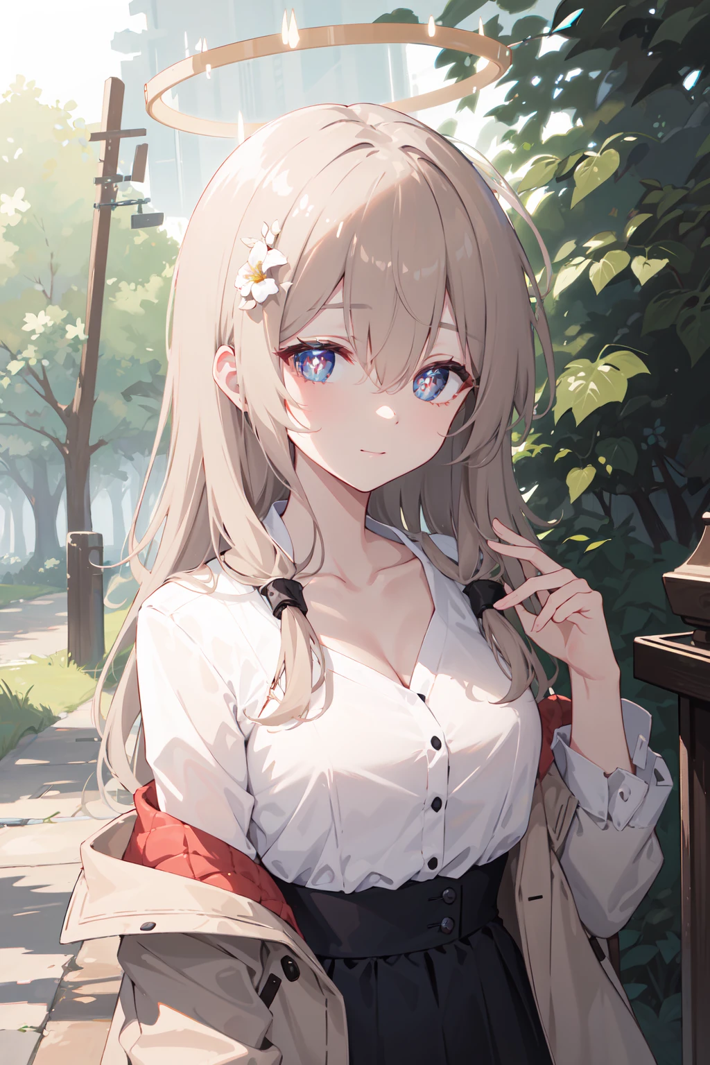 (masterpiece,best quality:1.4),(ultra-detailed,highres:1.2),wallpaper,perfect anatomy,pixiv id,colorful,
outdoor,nature,sunshine,forest,plant,leaf,tree,flower,
1girl,solo,collarbone,happy,naughty face,
(beautiful hair,bangs,hair between eyes),(looking at viewer),(bright pupils,detailed pupils,beautiful pupils,glint),
<lora:cecilia_laporta_arknights:1>,flower,halo,white shirt,jacket,