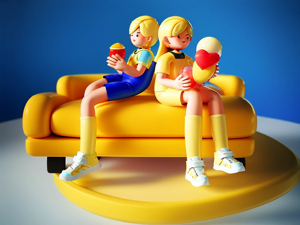 chair,sitting,yellow hair,long hair,blue shorts,yellow dress,balloon,couple,chibi,full body,simple background,white background,, masterpiece,best quality,8k,insane details,intricate details,high detail,((masterpiece)), ((best quality)),