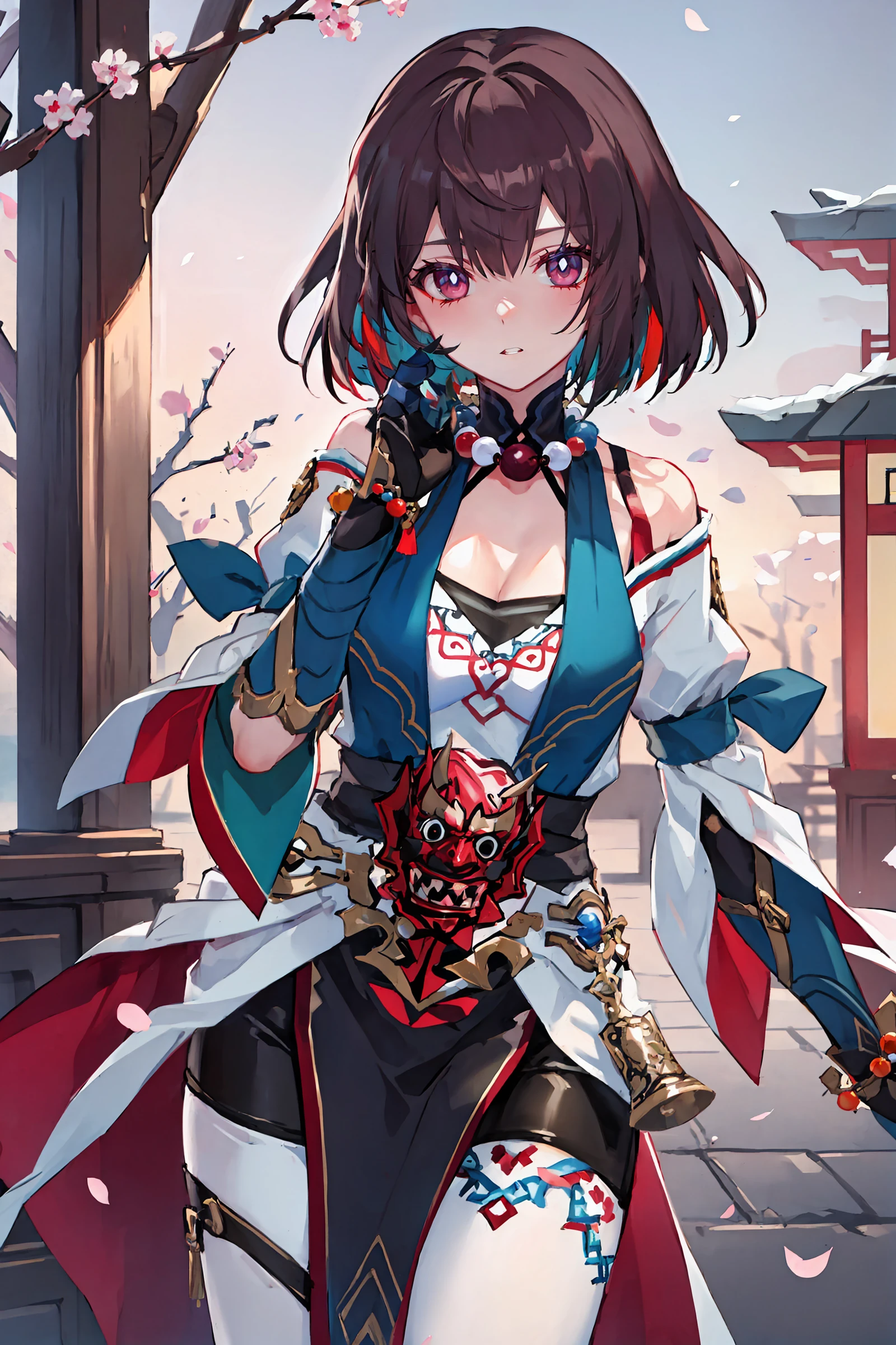 1girl, xueyi \(honkai: star rail\), looking at viewer, tabard, clawed gauntlets, bead necklace, white pantyhose, off-shoulder shirt, pelvic curtain, high belt, shawl, thigh strap, cowboy shot, standing, looking at viewer, hand on own face, parted lips, plum blossoms, east asian architecture, outdoors, depth of field, masterpiece