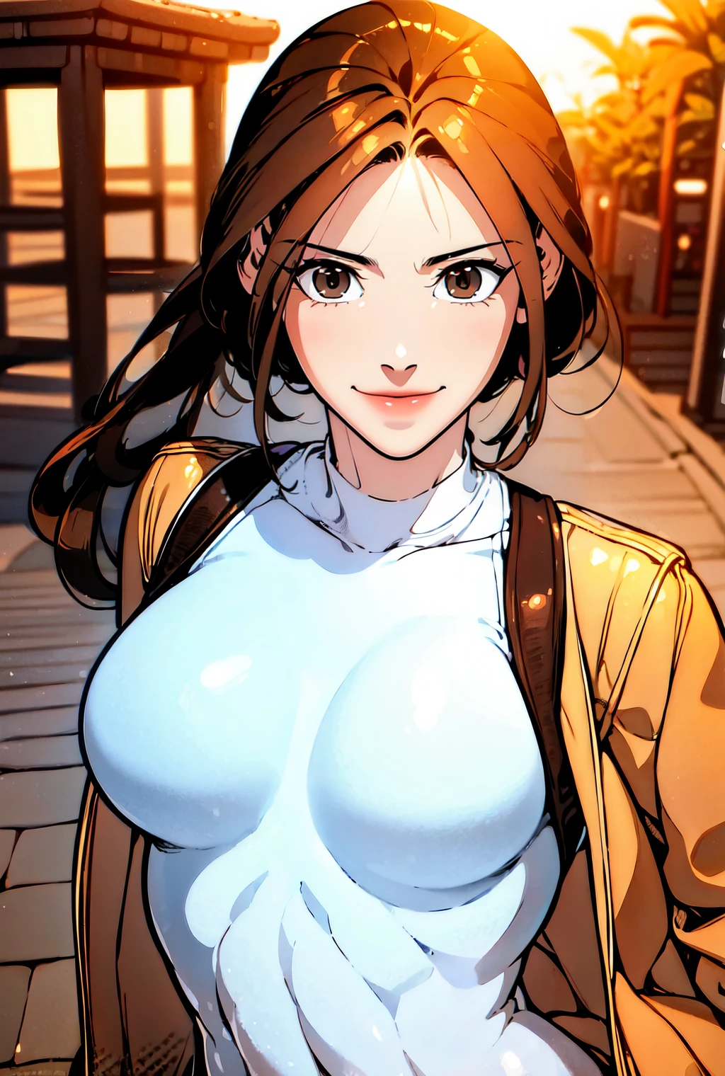 upper body, sexy pose, cute smile,<lora:Hayanv2LoRA:1> 1girl, brown hair, brown eyes, long hair, ponytail, leather jacket, beautiful eyes, beautiful girl, high detail skin, high detail eyes, high detail hair, highres, ultra detailed, sharpen picture, Highly detailed, masterpiece, best quality, photorealistic,