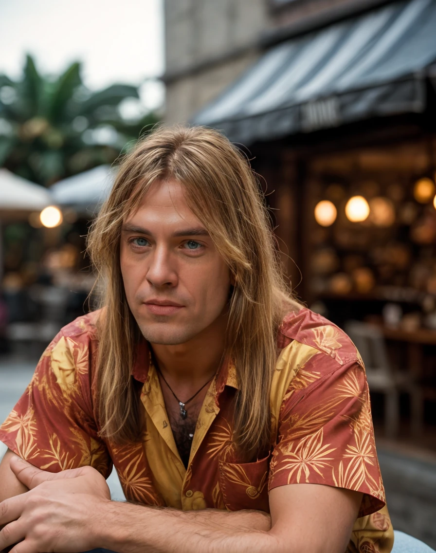 Marvel Cinematic Universe cinematic film still <lora:quiron_AndiDeris_v1_lora:0.87> AndiDerisQuiron man, long hair, a happy man wearing hawaiian shirt, depth of field, . shallow depth of field, vignette, highly detailed, high budget Hollywood movie, bokeh, cinemascope, moody, epic, gorgeous, film grain, grainy . Superheroes, epic battles, colorful, highly detailed
