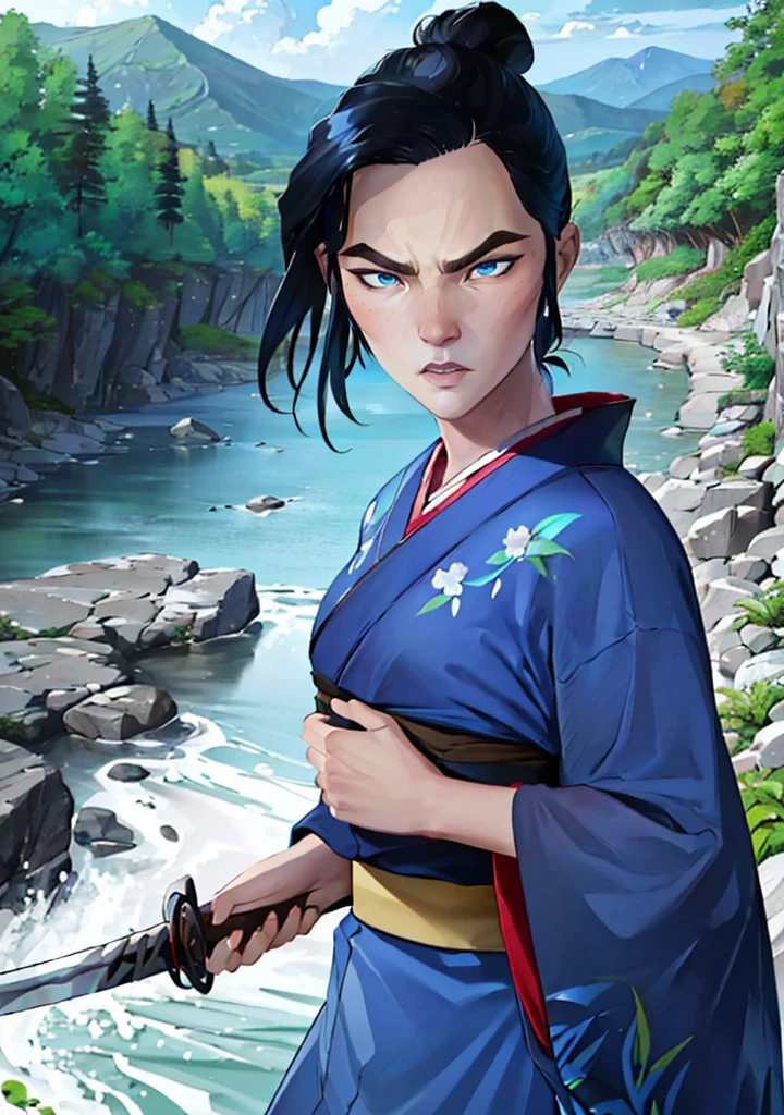 mizuOC holding a katana, fighting pose, angry, (1girl, blue eyes, black hair, japanese clothes, blue kimono:1.2) looking at viewer,
(detailed landscape, hills, river, forest:1.2),(cowboy shot:1.2), (dynamic pose:1.2), (dark atmosphere, wind),
(masterpiece:1.2), (best quality, highest quality), (ultra detailed), (8k, 4k, intricate), (50mm),
<lora:MizuBESamurai_character-08:0.7> <lora:arcane_offset:0.55>