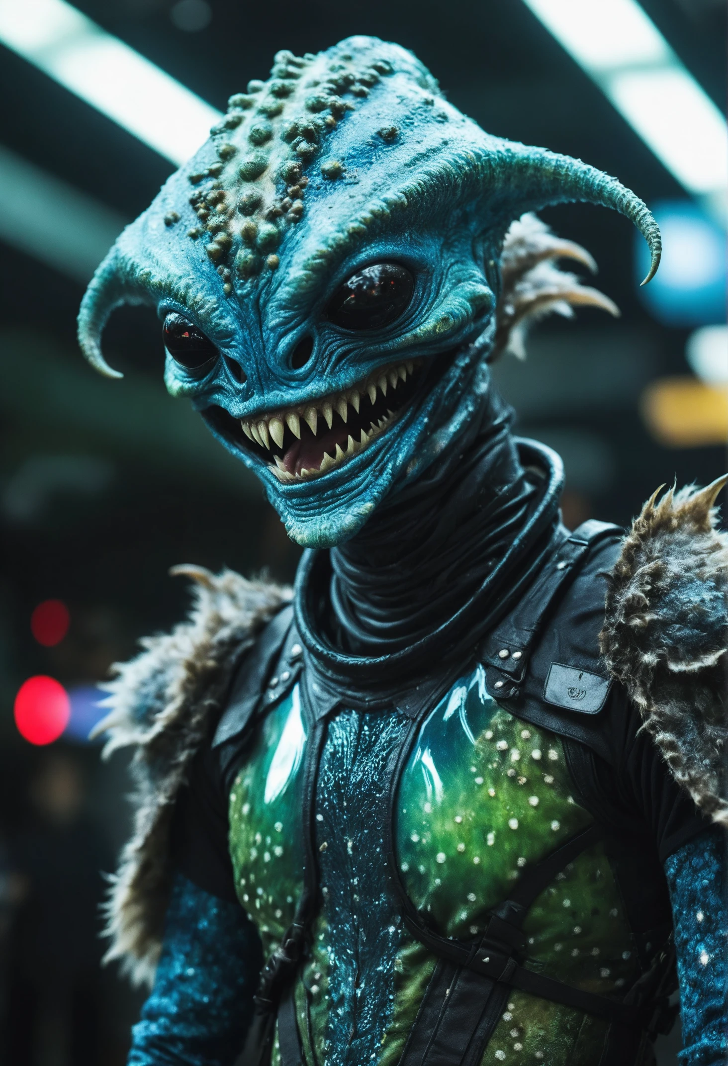 desaturated, cinematic shot of an peculiar fluffy alien abomination,
Fins, Transparent limbs,Regenerating,
speckled alien skin,
multiple pupils,
elegant alien tunic made of Alien Skin Leather
laughing facial expression, lips pucked
expressive alien creature, science fiction, cyberpunk, futuristic, fantasy,
((bright scene)), alien landscape, soft focus, cinematic lighting, imax, dslr, photography, bokeh