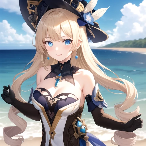 ((masterpiece)),(best quality),official art,extremely detailed CG,unity 8k wallpaper,ultra detailed,A lighthouse on a cliff by the sea,1girl,solo,upper body,looking at viewer,navia (genshin impact),absurdly long hair,sidelocks,drill sidelocks,blonde hair,blue eyes,brown thighhighs,drop earrings,smile,dress,brown footwear,thigh boots,medium breasts,long sleeves,collar,black headwear,elbow gloves,black collar,detached collar,bangs,hat feather,zettai ryouiki,hat flower,bare shoulders,frills,black gloves,jewelry,<lora:Navia(gen)>,