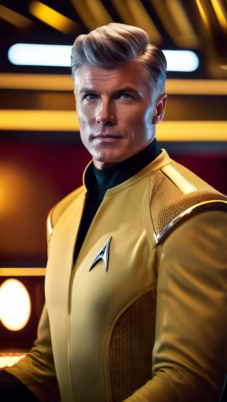 cinematic film still cinematic photo portrait of , <lora:captain_pike-000001:1> captain_pike, man, 4K resolution, Starfleet uniform, confident gaze, futuristic background, (space-themed imagery), (detailed textures), (photo-realistic rendering), (commanding presence), (vivid colors), (dynamic lighting) . 35mm photograph, film, bokeh, professional, 4k, highly detailed . shallow depth of field, vignette, highly detailed, high budget Hollywood movie, bokeh, cinemascope, moody, epic, gorgeous, film grain, grainy