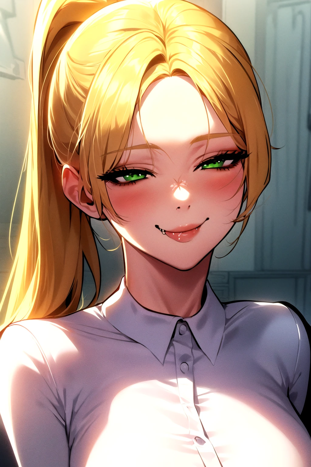masterpiece, best quality, manhwa-artstyle, 1girl, solo, breasts, ponytail, blonde hair, looking at viewer, green eyes, white shirt, (v:1.5), (half-closed eyes:1.2), smile, (naughty face:1.4), <lora:manhwa-artstyle-000025:0.6>
