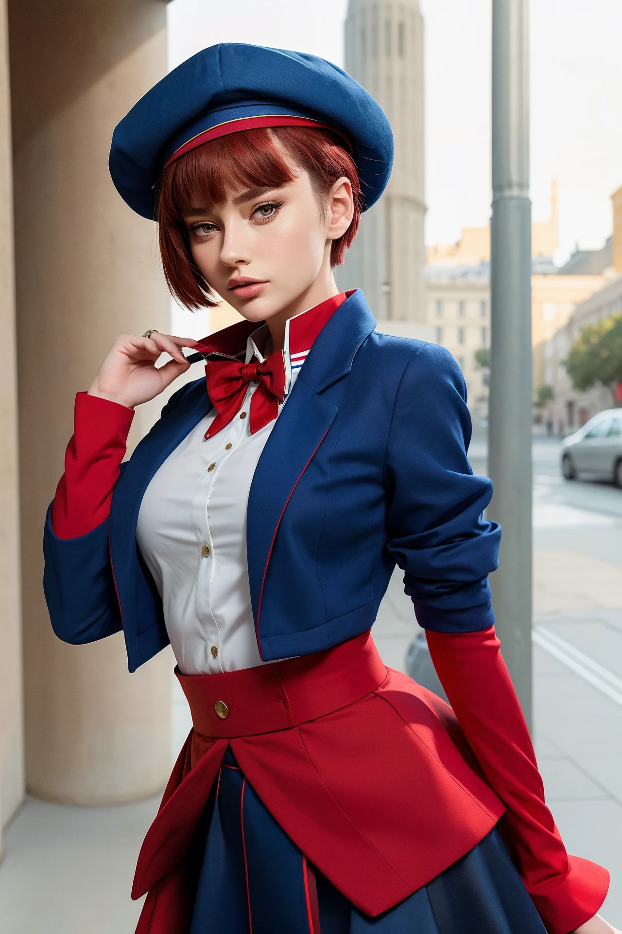 (masterpiece, best quality), 1girl, short hair, beret, red eyes, blue headwear, red bowtie, collared shirt, blue jacket, open jacket, long sleeves, grey skirt  <lora:merisielirumv1:1> mer1s1el