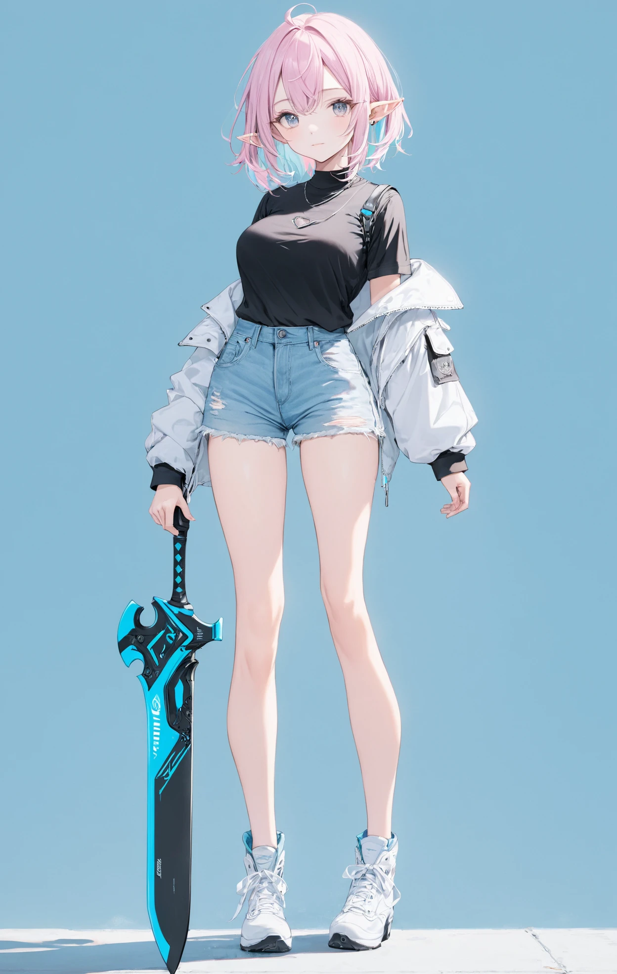 pointy ears, 1girl, pastel color hair, holding \(weapon\), short shorts, large breasts, full body, masterpiece, best quality