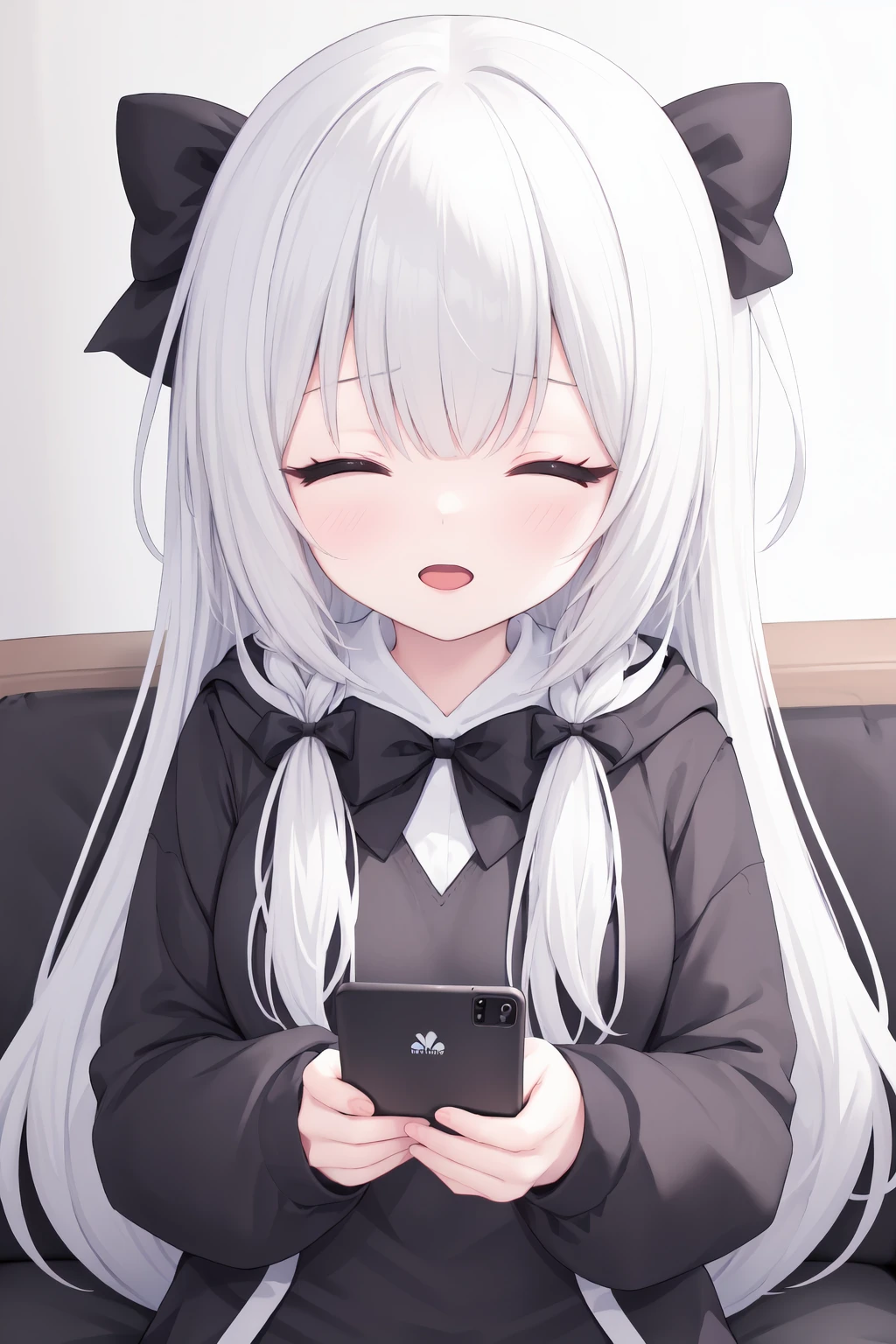 1girl, phone, solo, sleeping, long hair, closed eyes, cellphone, hood, hoodie, white hair, smartphone, holding phone, holding, bow, one side up, long sleeves, open mouth, bangs, hair bow, braid, pillow, black bow, couch, upper body