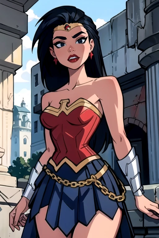 masterpiece,best quality,extreme detail,8k,<lora:wonder2:0.6>,wonderaction,1girl,solo,long hair,breasts,skirt,black hair,bare shoulders,jewelry,medium breasts,earrings,teeth,armor,black eyes,blue skirt,strapless,parody,red lips,forehead jewel,pillar,