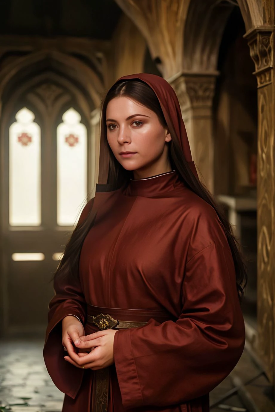 A stunning intricate full color portrait of  a  28 year old woman, medieval monk habit, The Name of the Rose movie set, epic character composition,by ilya kuvshinov, alessio albi, nina masic,sharp focus, subsurface scattering, f2, 35mm, film grain <lora:jessifio:1>