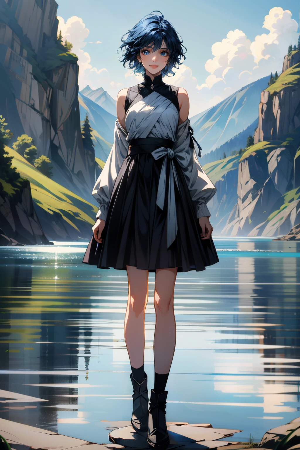 ((ultra detailed, masterpiece, absurdres))
<lora:KHAqua:0.9>
KHAqua, 1girl, solo, short hair, blue hair, blue eyes In a field of wildflowers, wearing a flowing dress, smiling