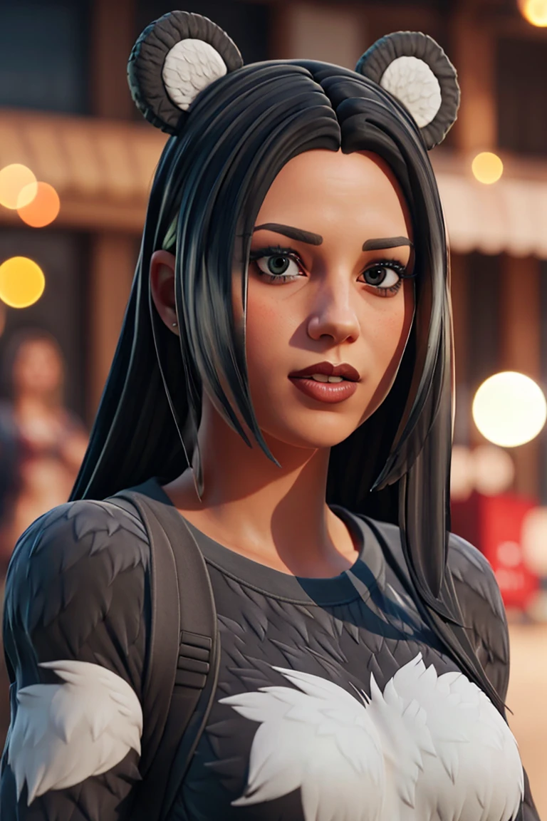 <lora:VRAMsPandaTeamLeader3:0.7>, vramsptl, black hair, 1girl, solo, animal ears, fuzzy onesie, bokeh, makeup, long hair, straps, body shot, blurry background, three quarter view